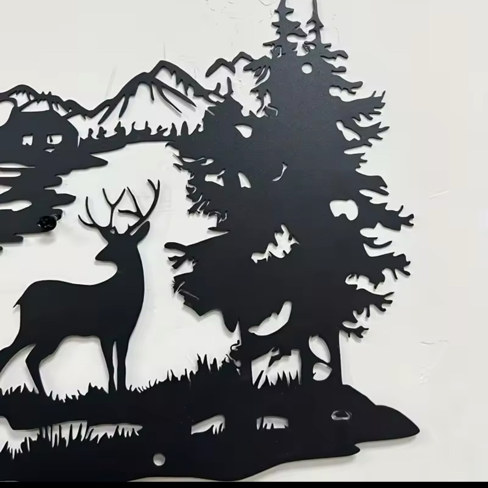 Black Nature Scene Wall Decor with Deer Mountains and Trees